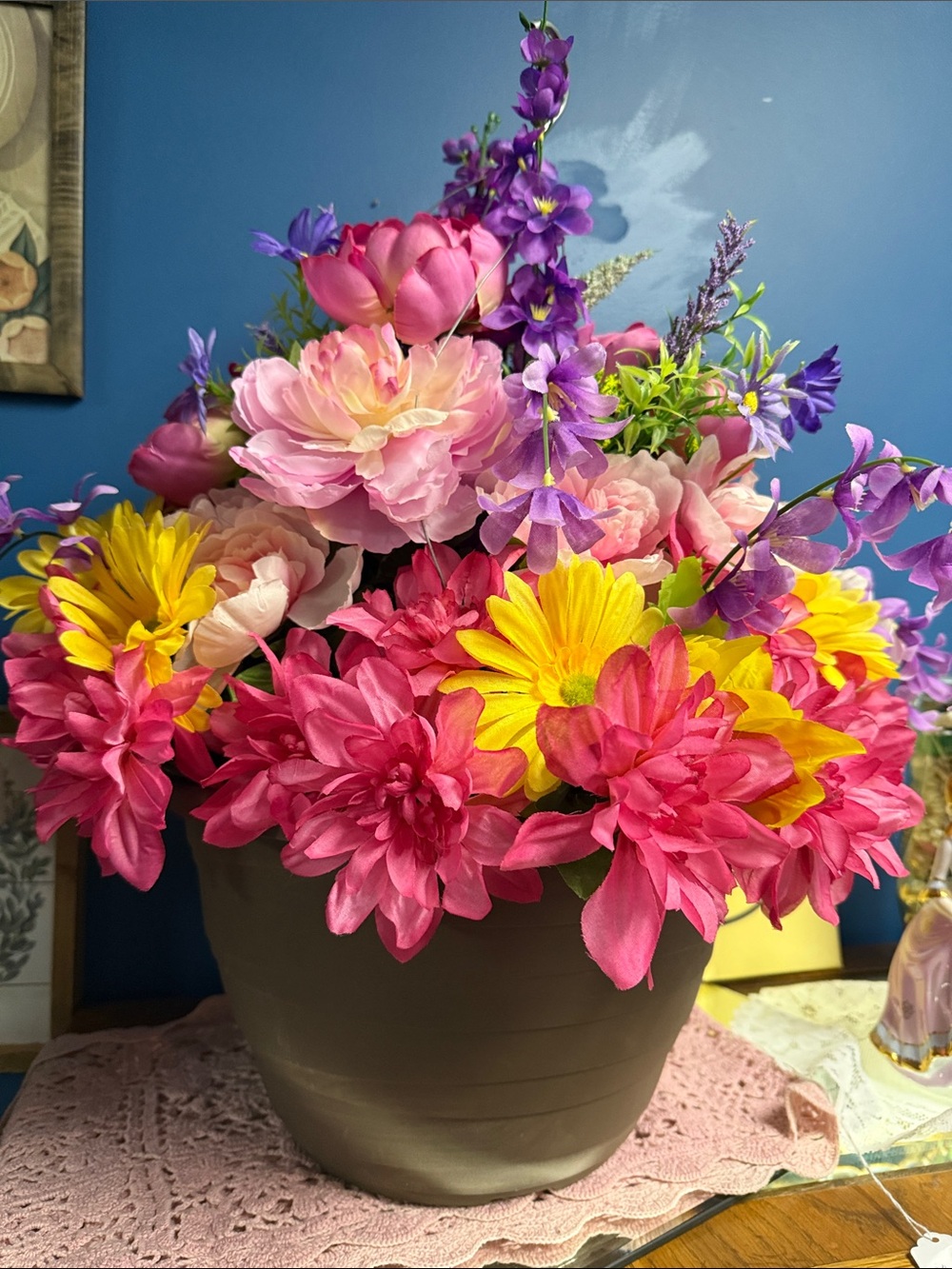 Artificial Floral Arrangement in Pink, Yellow & Purple - Decorative Home Accent